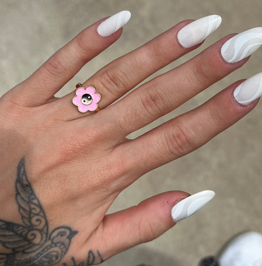 Pink Yin Yang Flower Ring