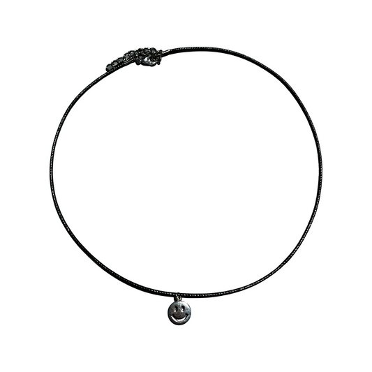 Silver Smiley Black Leather Necklace