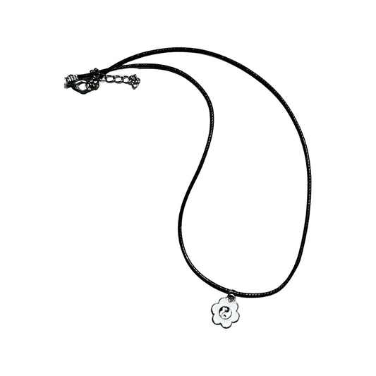 Yin Yang Flower Black Leather Necklace